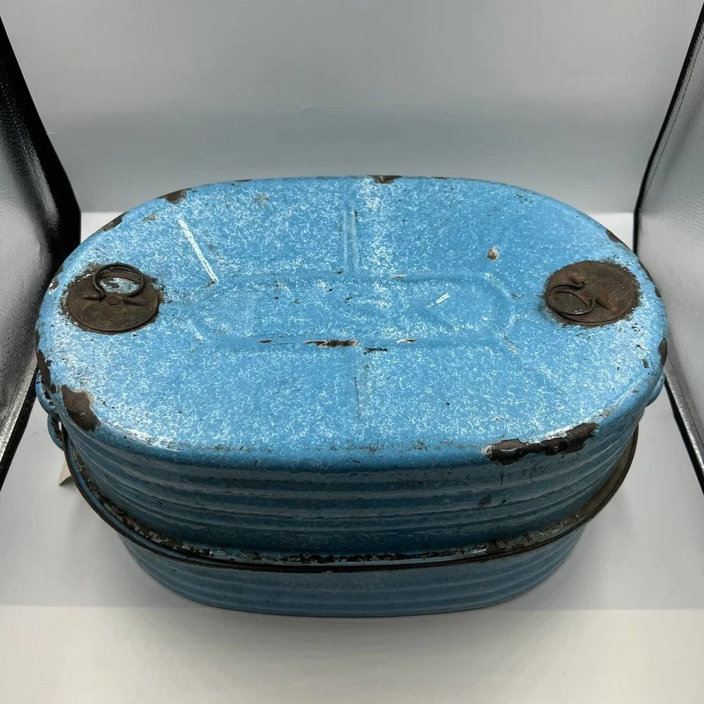Antique Turquoise Cornflower Blue Large Roaster Rack Enamelware On Steel 4 Piece